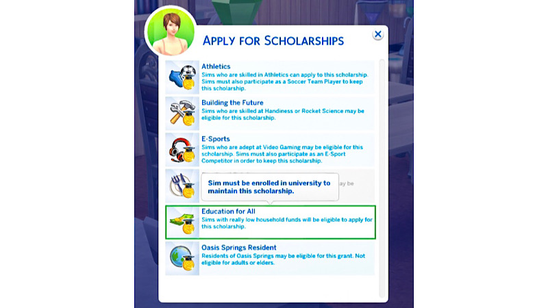 シムズ4の拡張パック「Discover University」における奨学金の申請方法を説明する画像