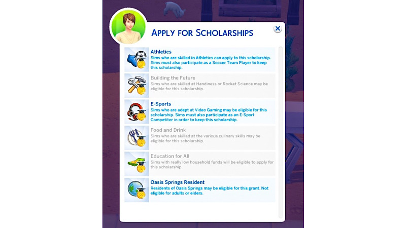 シムズ4の拡張パック「Discover University」における奨学金の申請に関する説明画像